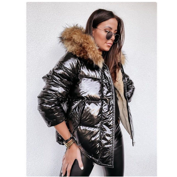 Damen Glänzende Winterjacke mit abnehmbarer Kapuze und Kunstfellkragen Drune
