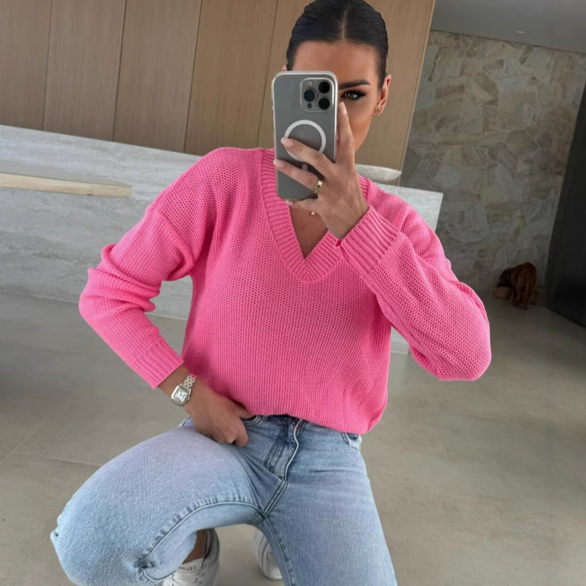 Damen luftiger Strickpullover mit modernem V-Ausschnitt und strukturiertem Design Drune