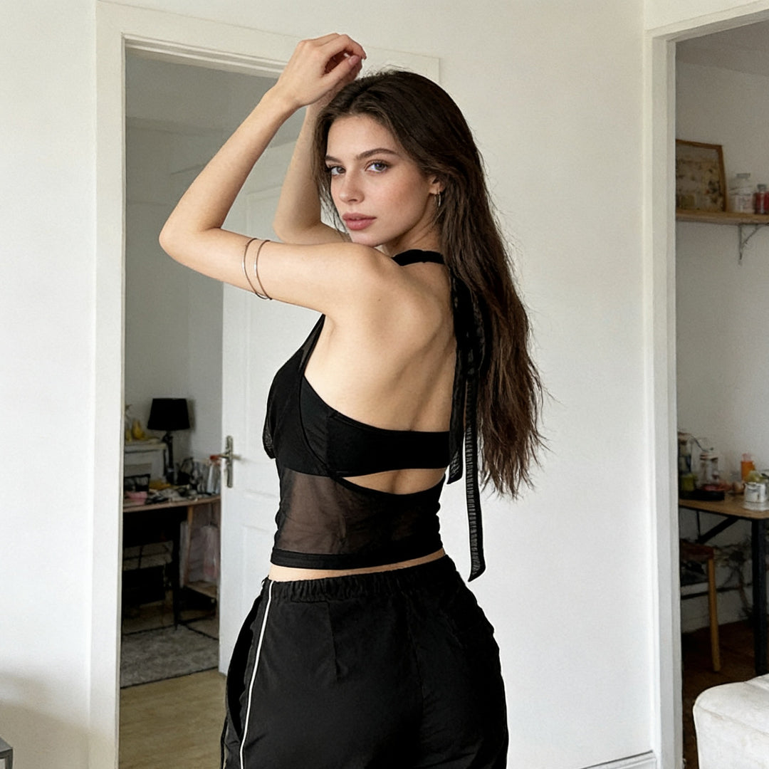 Damen Elegantes und figurbetontes Top mit tiefem Ausschnitt und schimmerndem Band Drune
