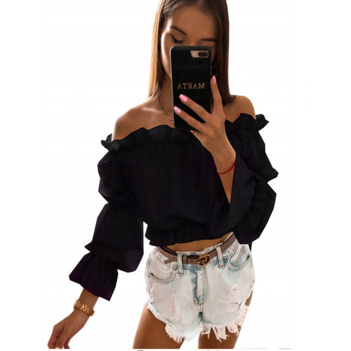 Damen Off-Shoulder Bluse mit Rüschendetails Drune
