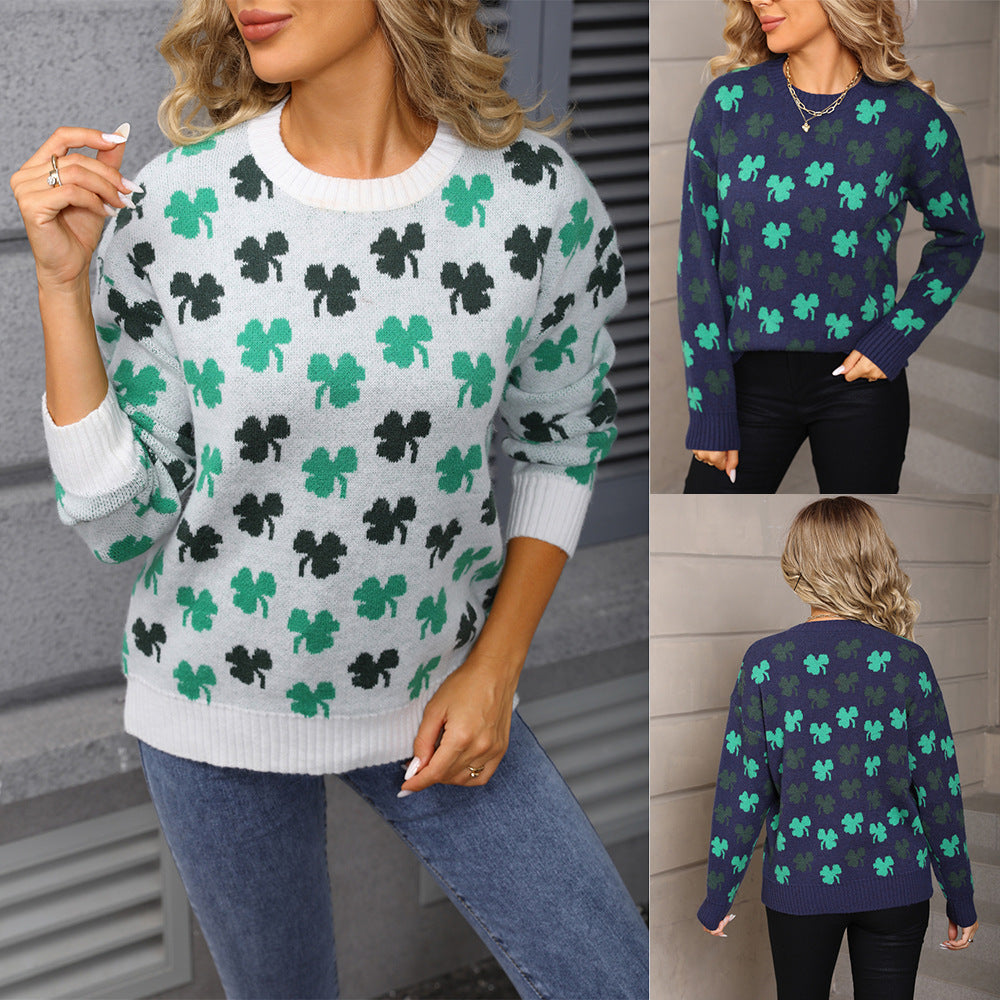 Damen kuscheliger Strickpullover mit Kleeblatt-Muster Drune