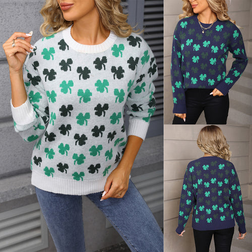 Damen kuscheliger Strickpullover mit Kleeblatt-Muster Drune
