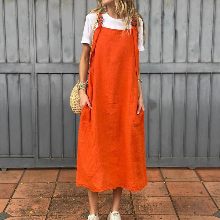 Damen Lässiges Leinenkleid mit praktischen Trägerdetails und großen Taschen Drune