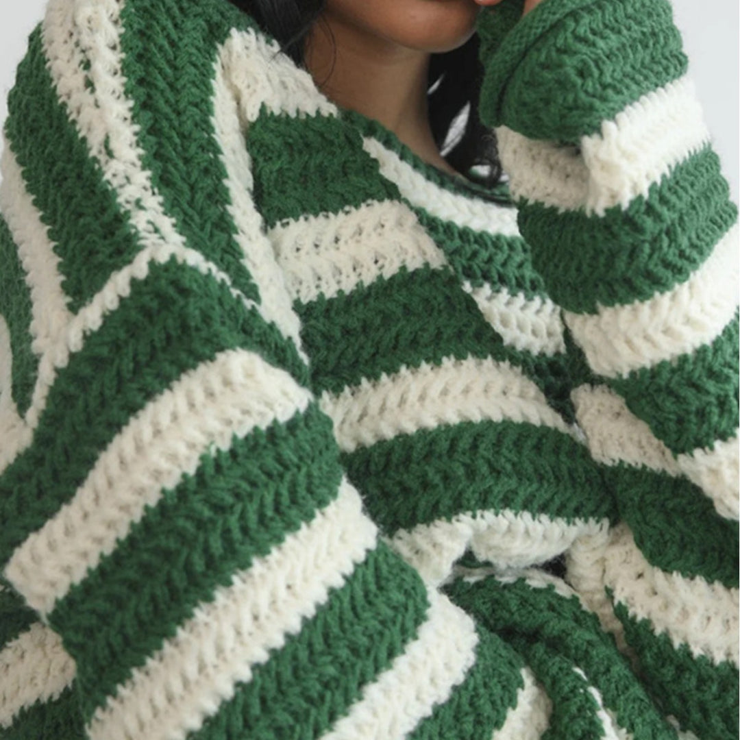 Damen gemütlicher Grobstrickpullover mit modernem Streifenmuster und lässigem Schnitt Drune
