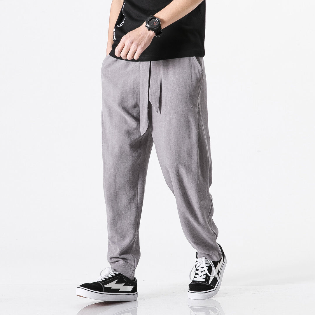 Herren nan entspannte Leinen-Baumwoll Harem-Joggerhose mit verdecktem Tunnelzug und tapered Bein Drune