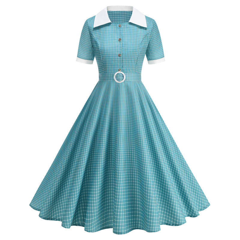 Damen Vintage Polka-Dot Kleid mit Knopfdetails und schwingendem Rock Drune