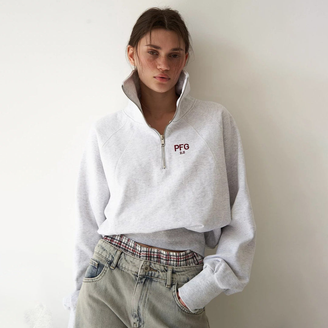 Damen Cropped Sweatshirt mit hohem Kragen und Reißverschluss Drune