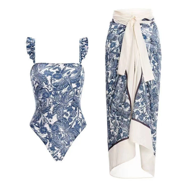 Damen Einteiler Badeanzug mit floralem Design und abnehmbarem Wickelrock Drune