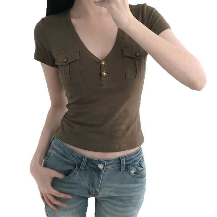 Damen Kurzarmshirt mit Knopfdetails und seitlichen Taschen Drune