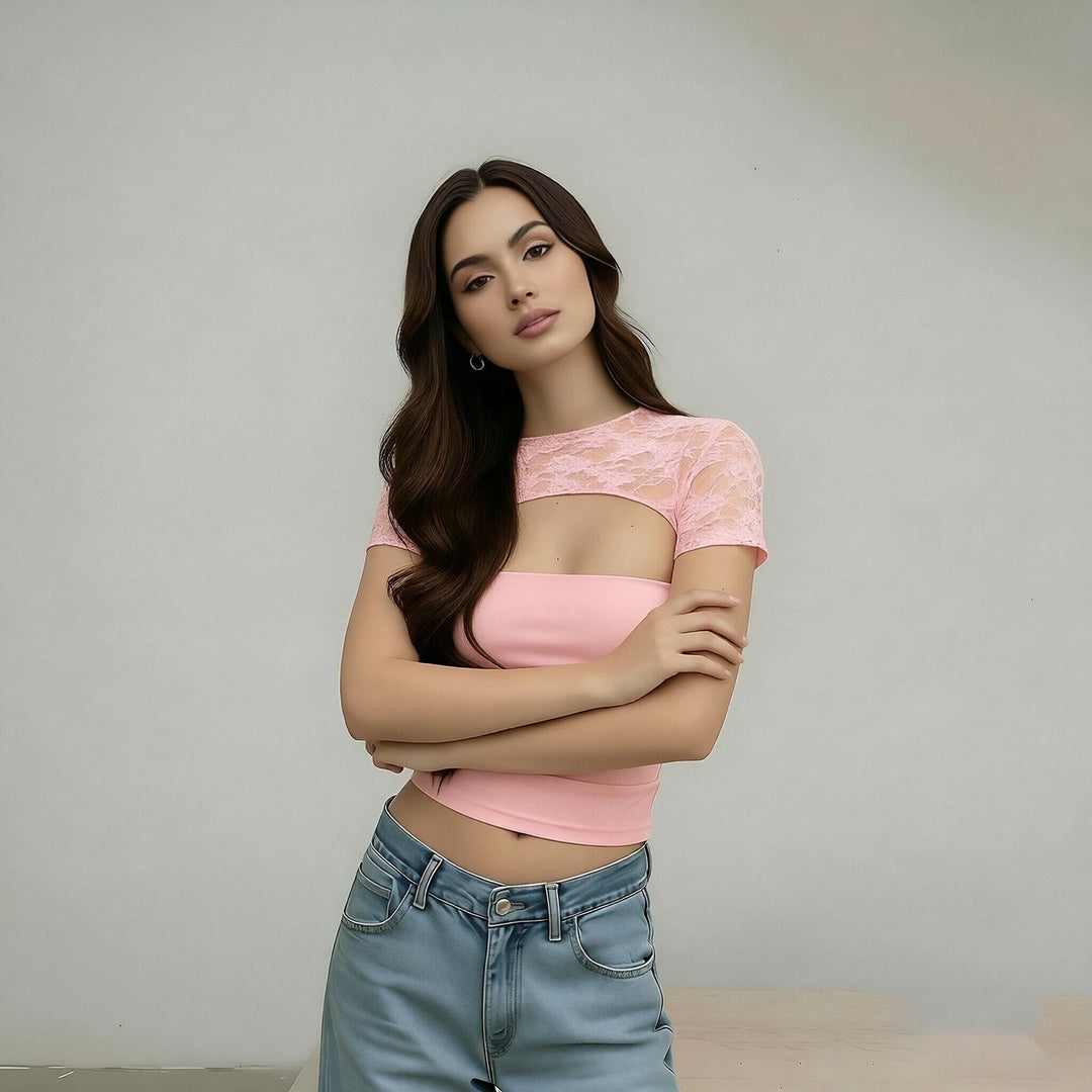 Damen Cropped Top mit Spitzenmuster und figurbetontem Schnitt Drune