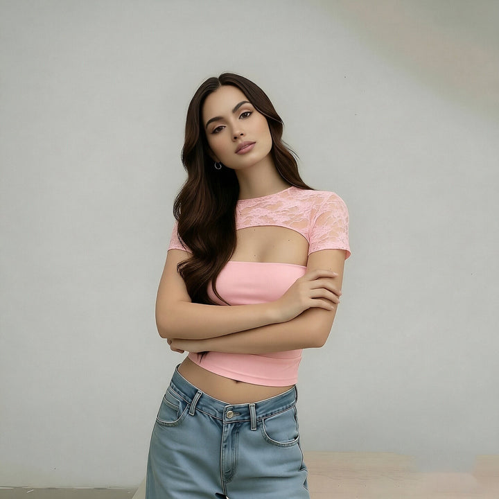 Damen Cropped Top mit Spitzenmuster und figurbetontem Schnitt Drune