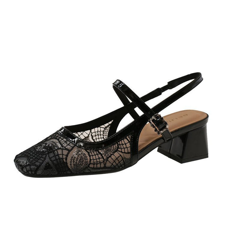 Damen Slingback-Pumps mit floralem Spitzenmuster und elegantem Blockabsatz Drune