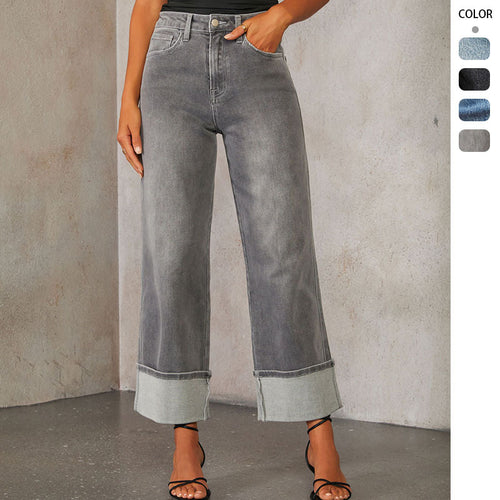 Damen nan hochgeschnittene Culotte-Jeans mit breitem Umschlag und geradem Bein Drune