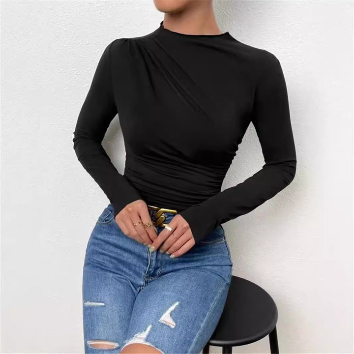 Damen nan gerafftes Langarmshirt mit asymmetrischem U-Boot-Ausschnitt und figurbetonter Silhouette Drune