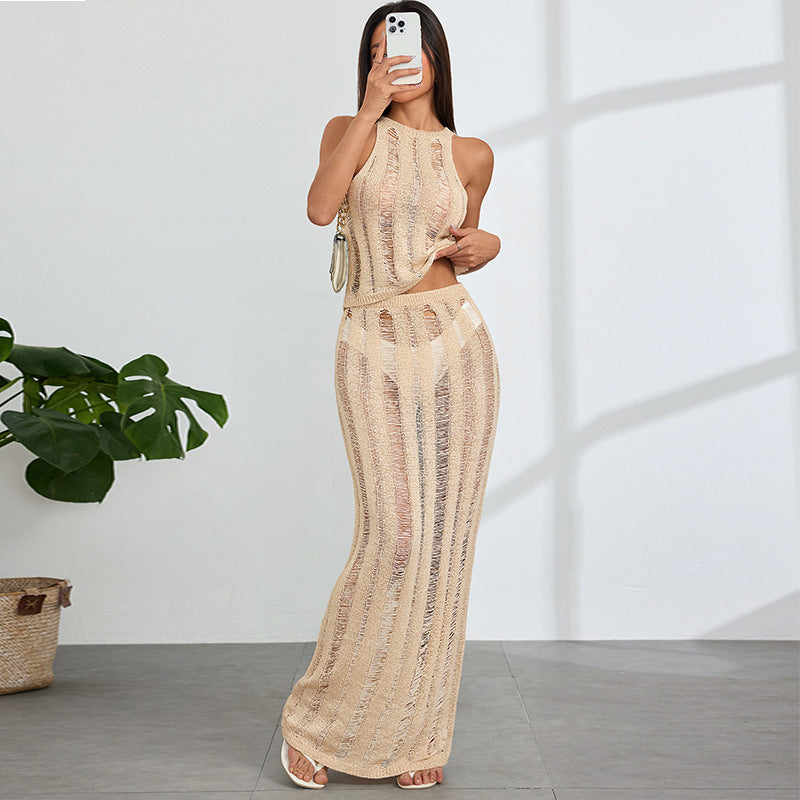 Damen Häkel-Maxi-Kleid mit tiefen Cut-Outs und elegantem Design Drune