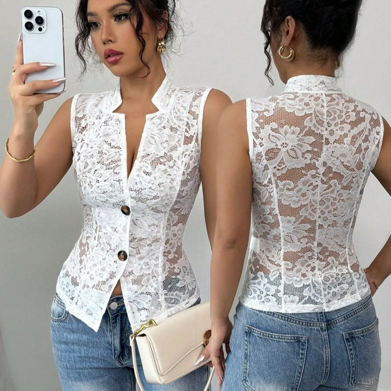 Damen Spitzenbluse im eleganten Schnitt mit Knopfdetails Drune