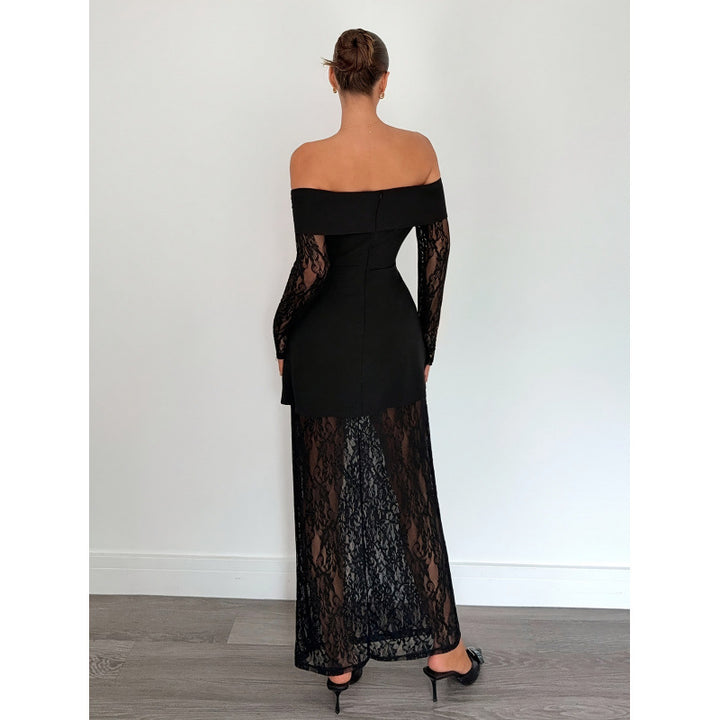 Damen Spitzen Abendkleid mit schulterfreiem Design und langen Ärmeln Drune
