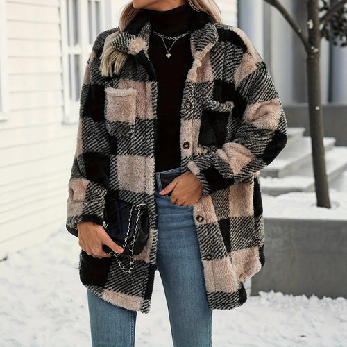 Damen kuschelige Overshirtjacke mit Karomuster und weichem Polyesterfell Drune