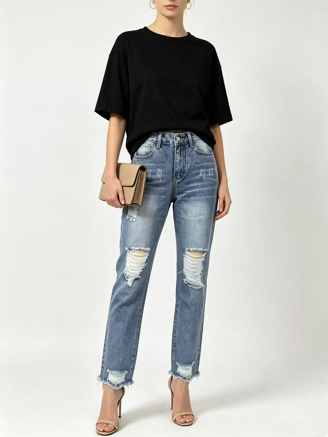 Damen nan hochgeschnittene Straight Leg Jeans mit gezielten Rissdetails und rohem Knöchelabschluss Drune