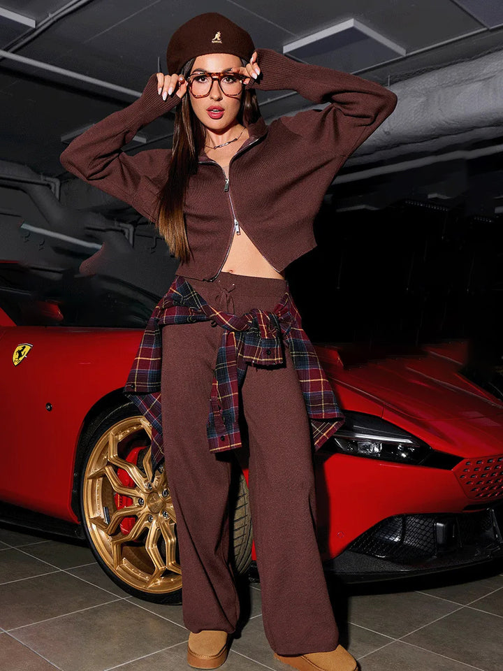Damen nan gestricktes Loungewear-Zweiteiler mit kurzem Reißverschluss-Cardigan und weitem Highwaist-Hosenbein Drune