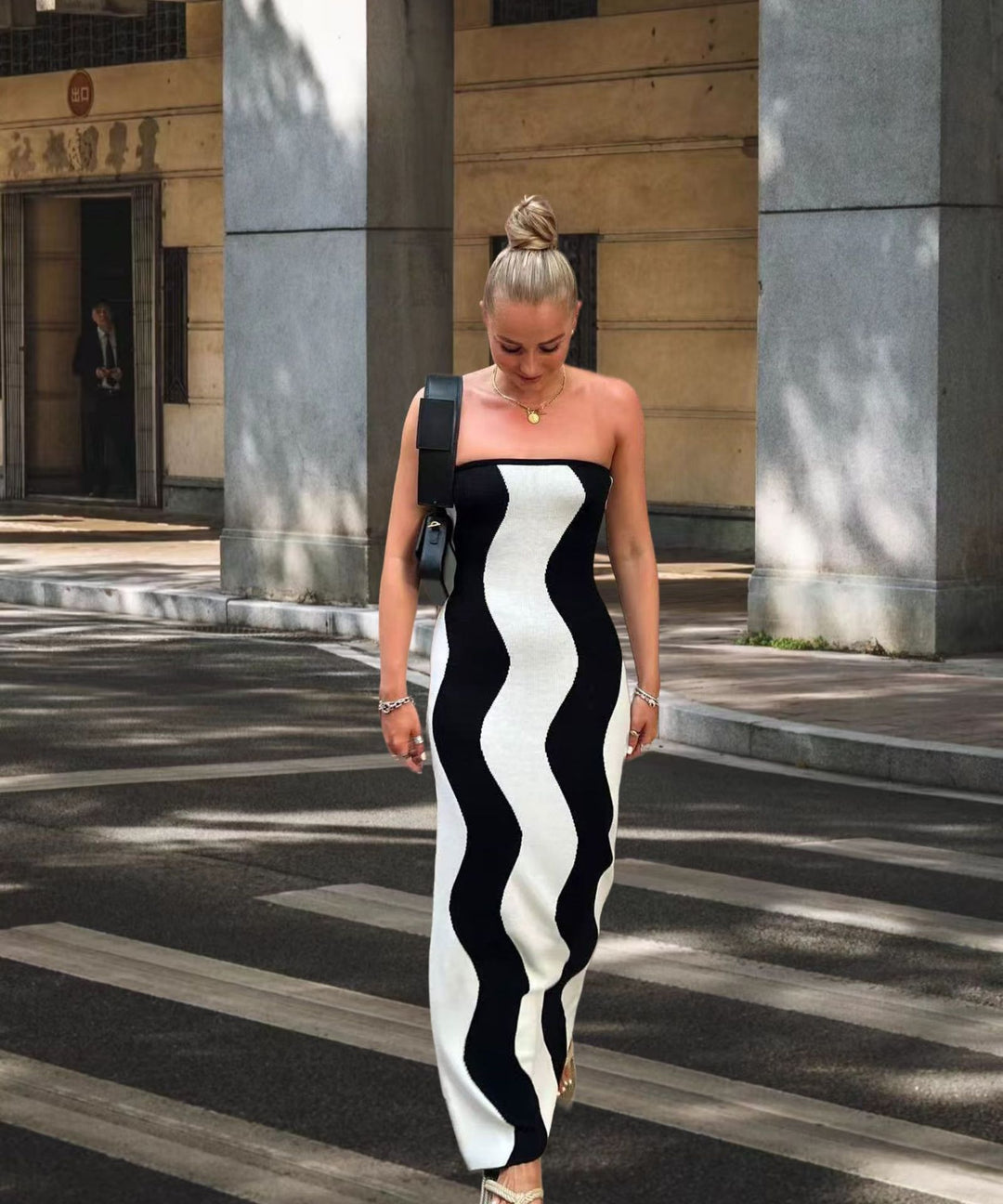 Damen Langarm Maxikleid mit Wellendesign und seitlichem Schlitz Drune