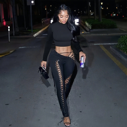 Damen Crop-Top und Hoch geschnittene Leggings mit Schnürdetails Drune