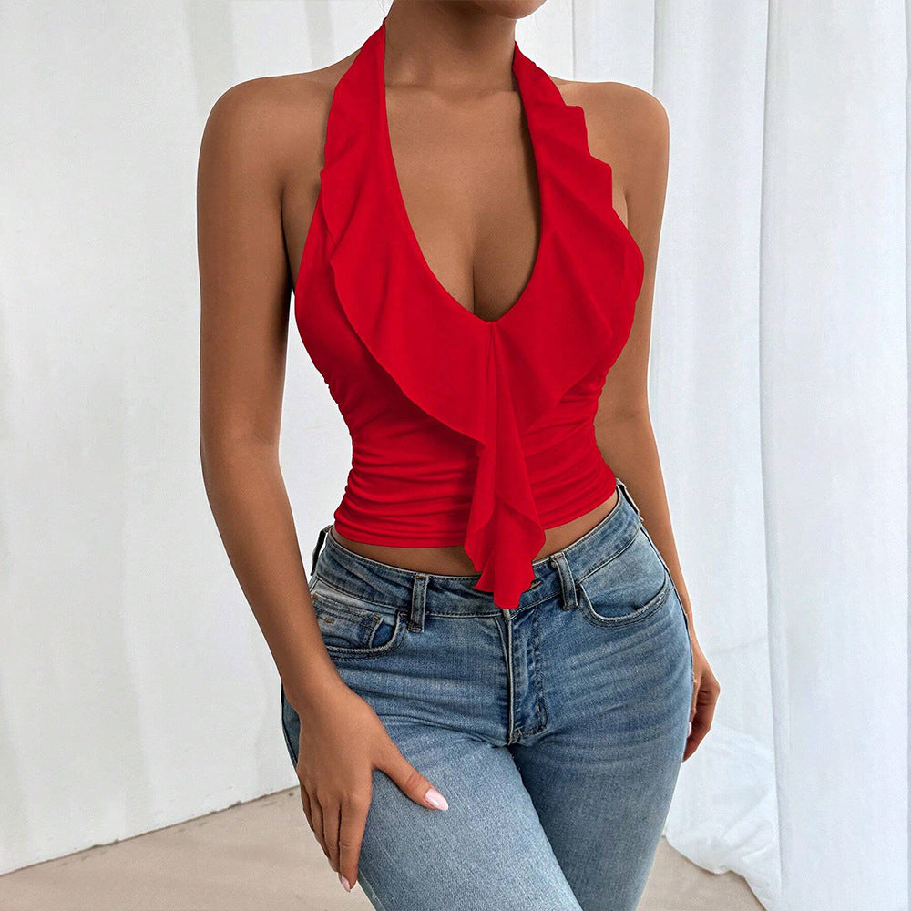 Damen schulterfreies Top mit fließendem Stoff und elegantem Rüschendesign Drune