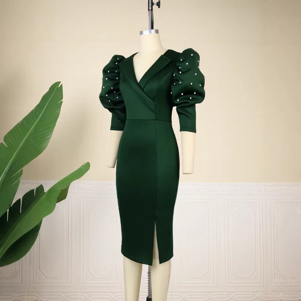 Damen figurbetontes Kleid mit eleganten Puffärmeln und Schlitz Drune