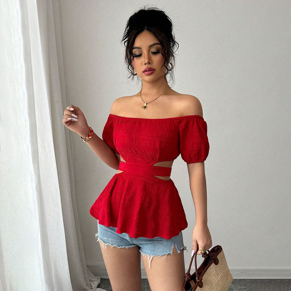 Damen Off-Shoulder Bluse mit rüschigem Saum und seitlichen Cut-Outs Drune