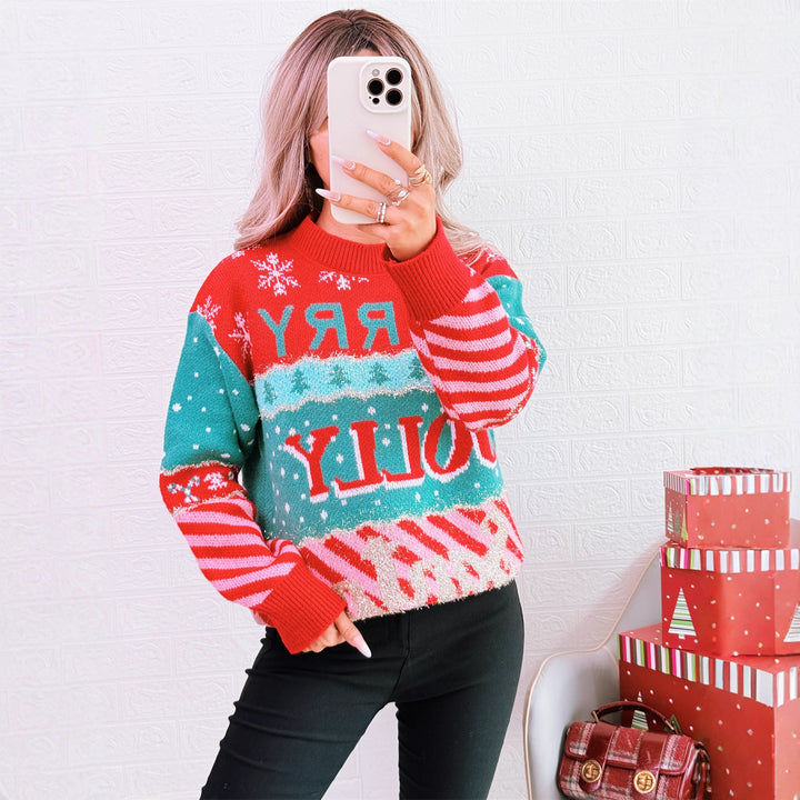 Damen festlicher Strickpullover mit kreativem Weihnachtsdesign Drune
