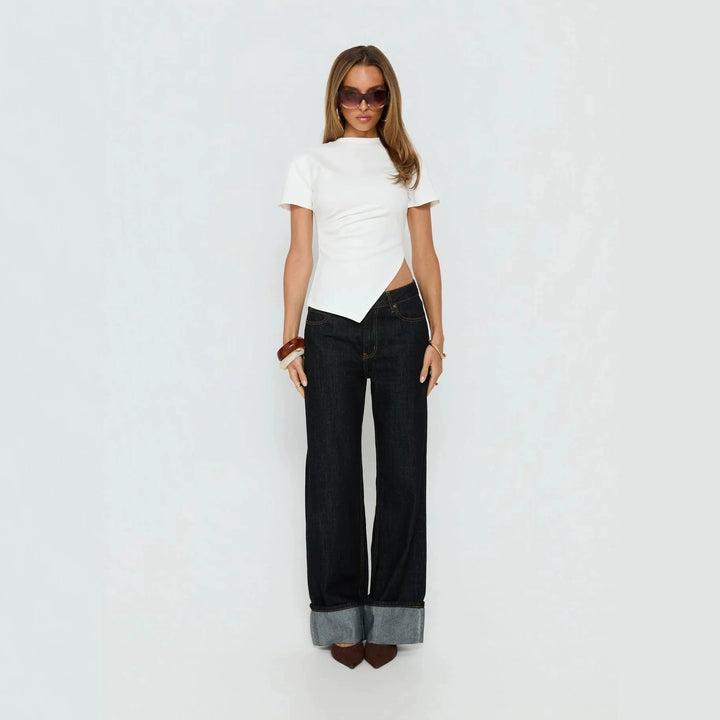 Damen modernes Kurzarm-Top mit asymmetrischem Schnitt und figurbetontem Design Drune