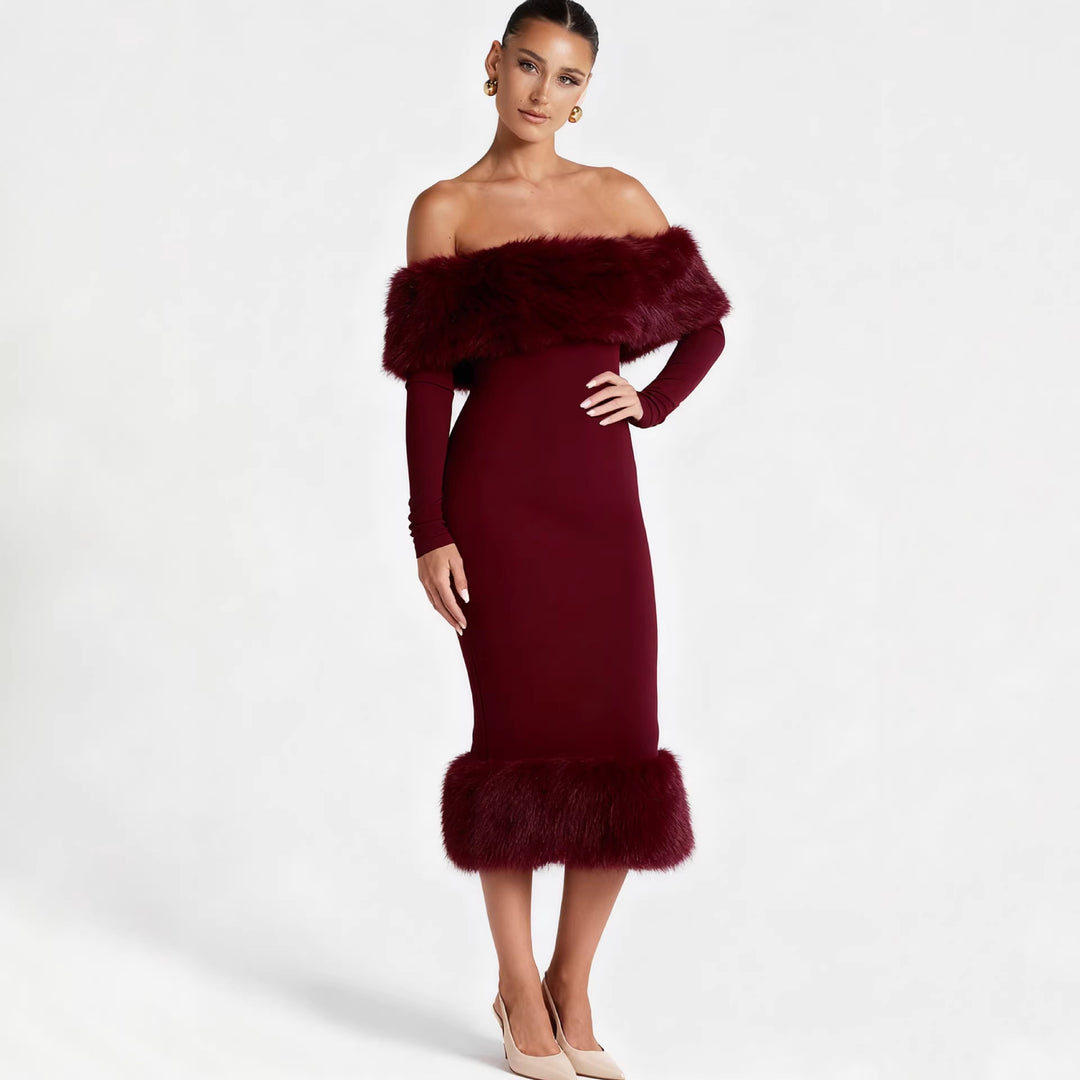 Damen Figurbetontes Kleid mit abnehmbaren Kunstfell-Akzenten Drune