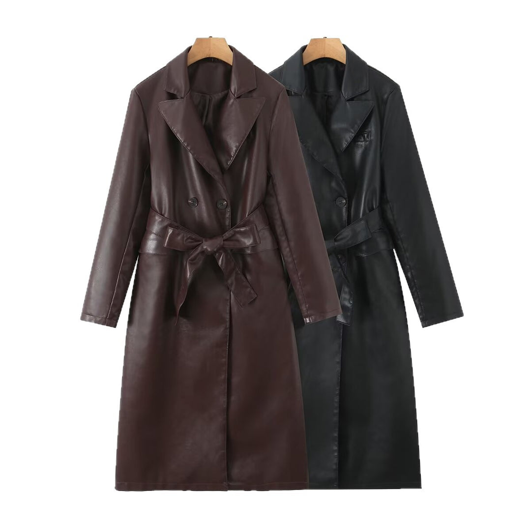 Damen Kunstleder Trenchcoat mit taillierbarem Gürtel und doppelter Knopfleiste Drune