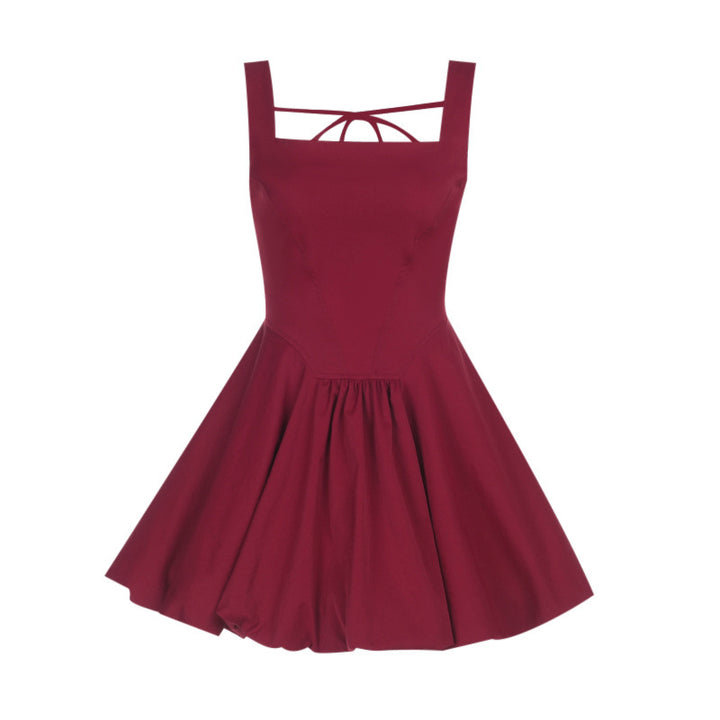 Damen schwingendes Midikleid mit quadratischem Ausschnitt und schmalen Trägern Drune