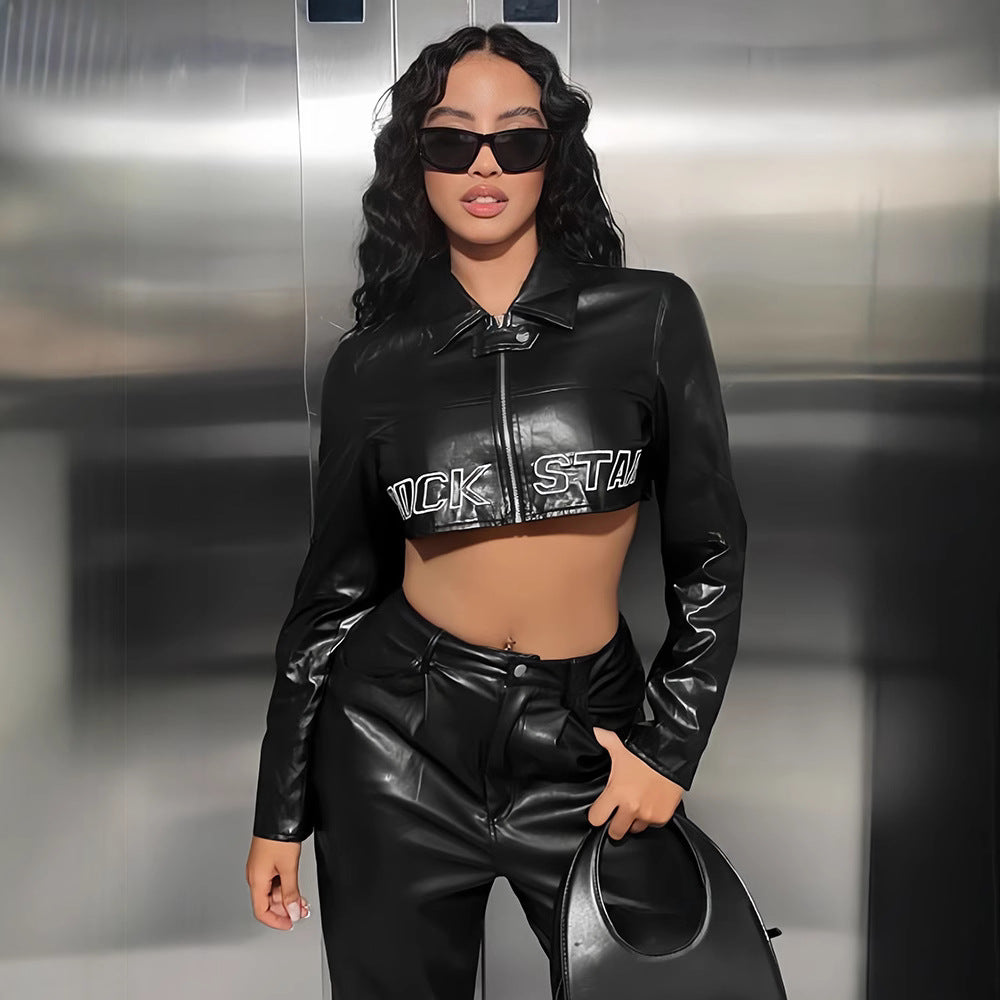 Damen trendige cropped Kunstlederjacke mit ausgefallenem Verschluss Drune