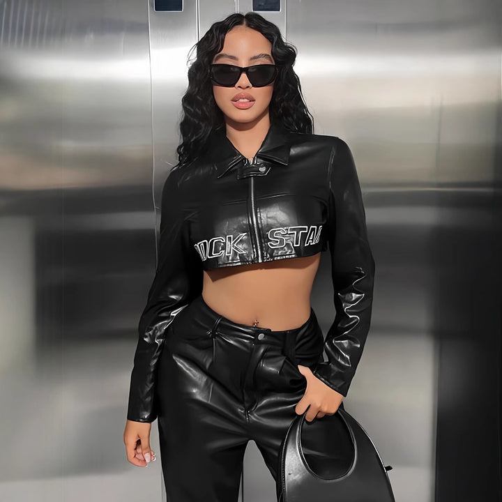 Damen trendige cropped Kunstlederjacke mit ausgefallenem Verschluss Drune