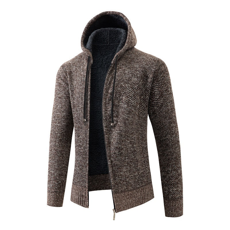 Herren nan melierte Strickzip-Kapuzenjacke mit wärmendem Teddyfutter, verdecktem Zwei-Wege-Reißverschluss und elastischen Bündchen Drune