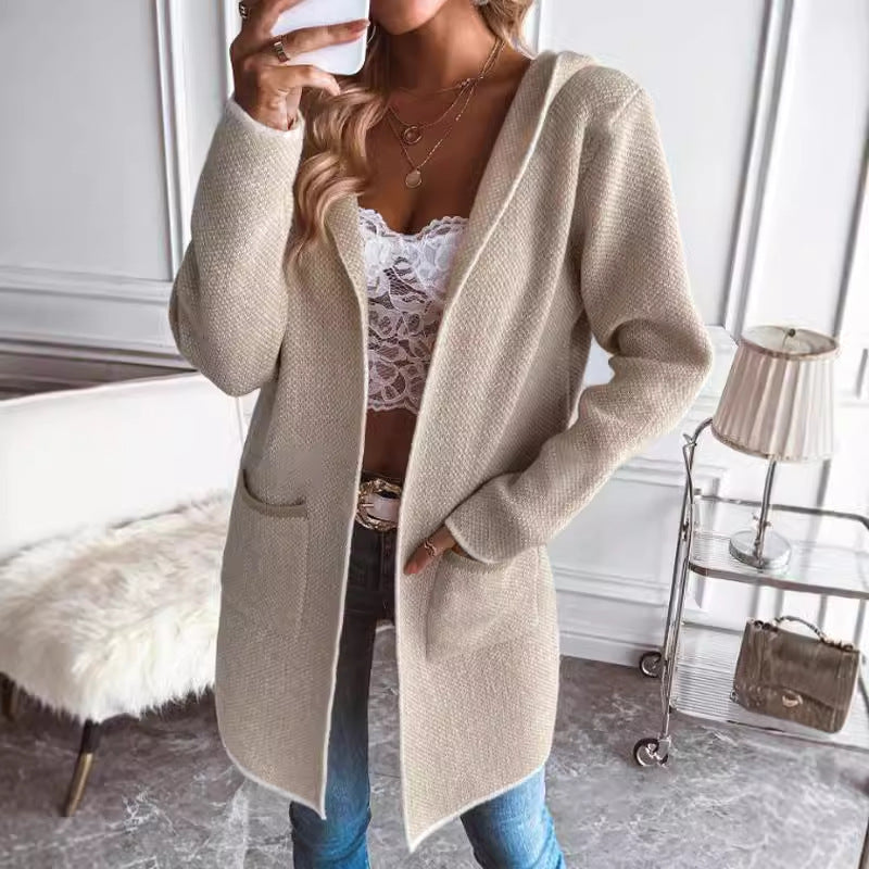 Damen Modische Strickjacke mit Kapuze und aufgesetzten Taschen Drune