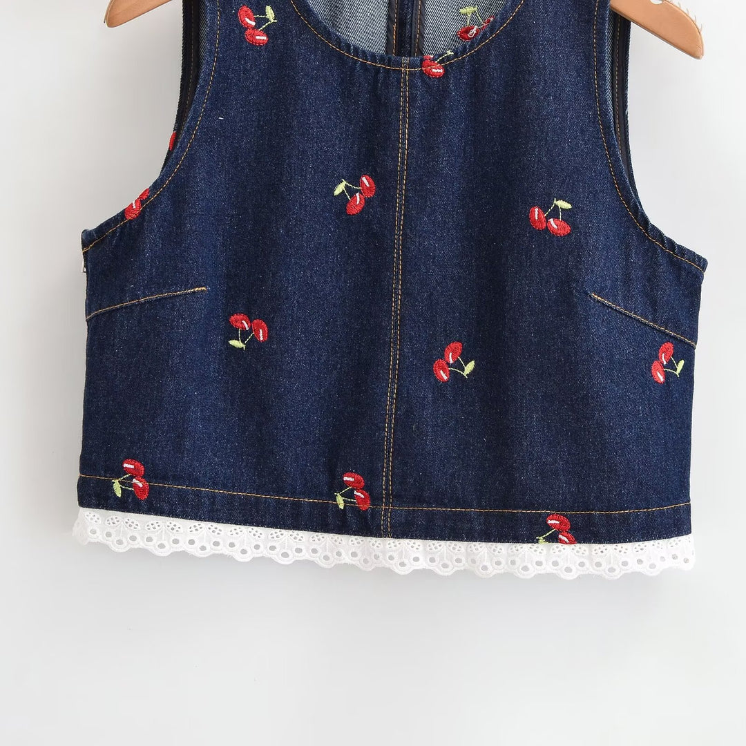 Damen Designer-Cropped-Top mit floralem Stickmuster und Spitzenbesatz Drune
