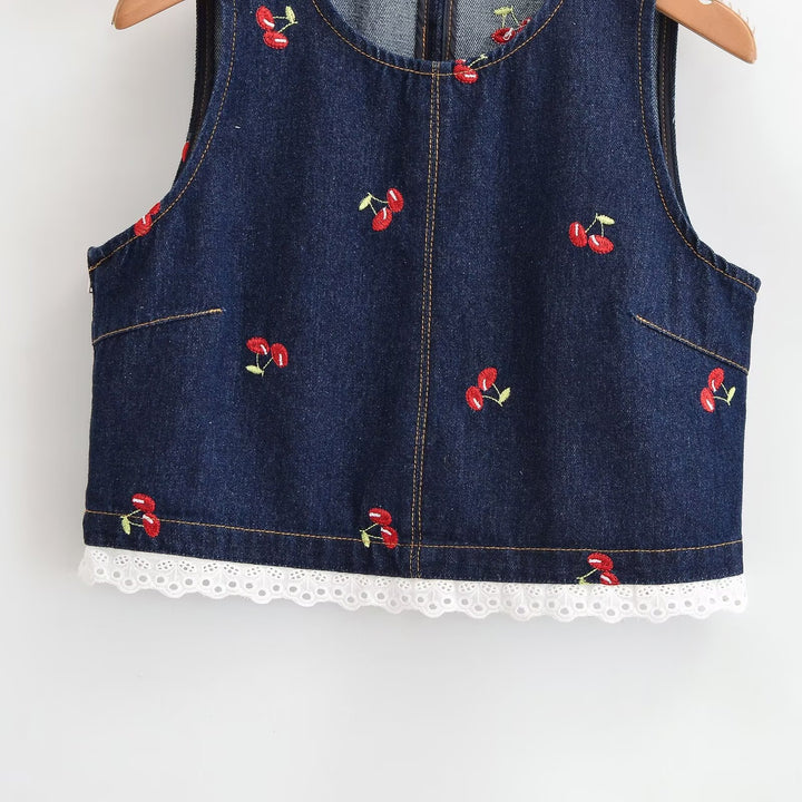 Damen Designer-Cropped-Top mit floralem Stickmuster und Spitzenbesatz Drune