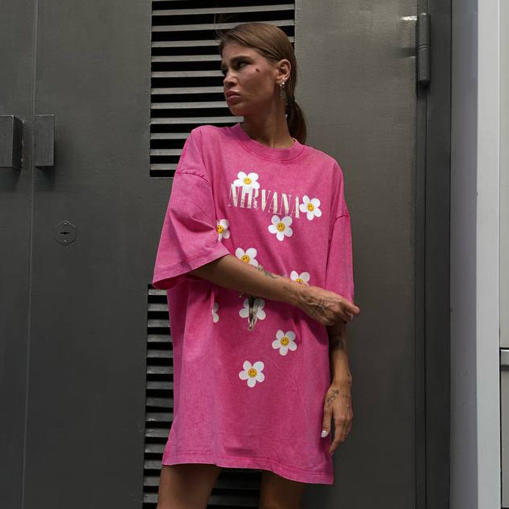 Damen Trendiges Oversized T-Shirt mit floralem Aufdruck Drune