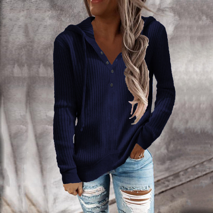 Damen Bequeme gestreifte Kapuzenpullover mit Knopfleiste Drune