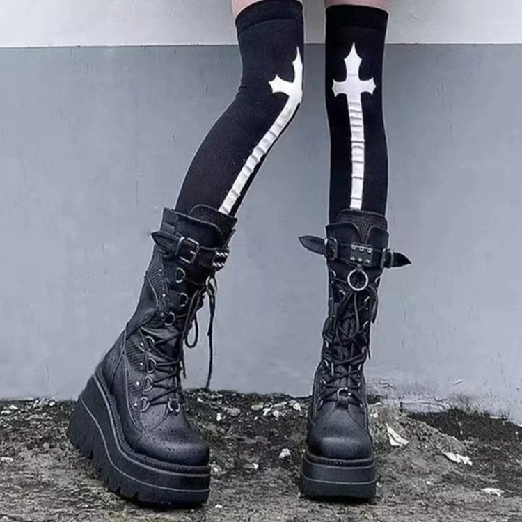 Damen nan knöchelhohe Plateau-Bikerstiefelette mit Schnürung, Zierring und Doppelriemen Drune