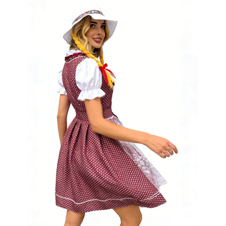 Damen nan traditionelles Dirndlkleid mit Herzausschnitt geschnürter Taille und Spitzen-Schürze Drune