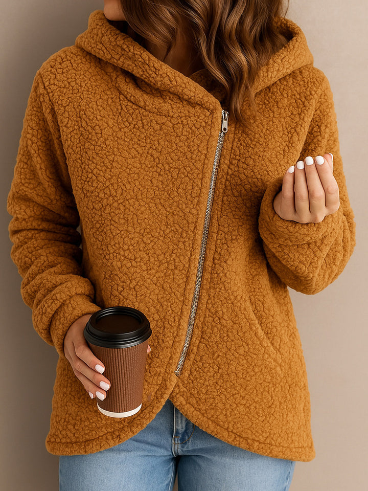 Damen Fleecejacke mit asymmetrischem Reißverschluss und Kapuze Drune