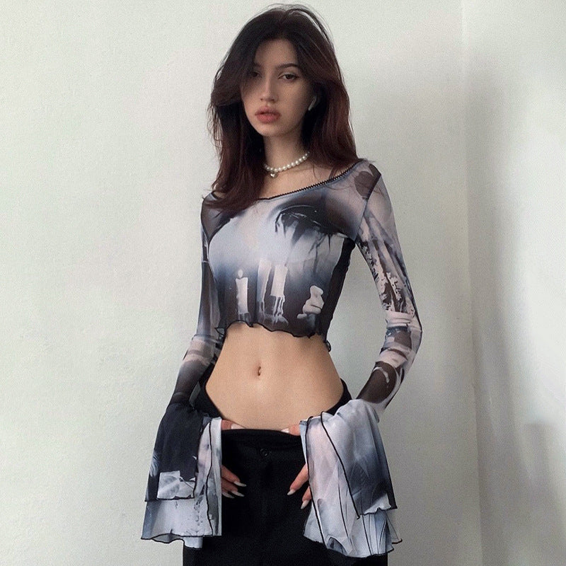 Damen Langarm Crop-Top mit kreative Grafik-Printdetails und ausgestellten Ärmeln Drune