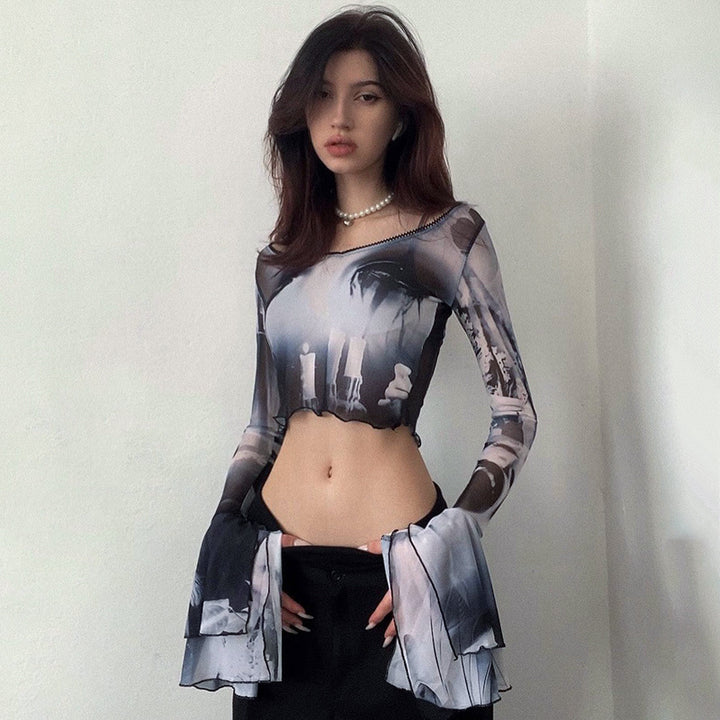 Damen Langarm Crop-Top mit kreative Grafik-Printdetails und ausgestellten Ärmeln Drune