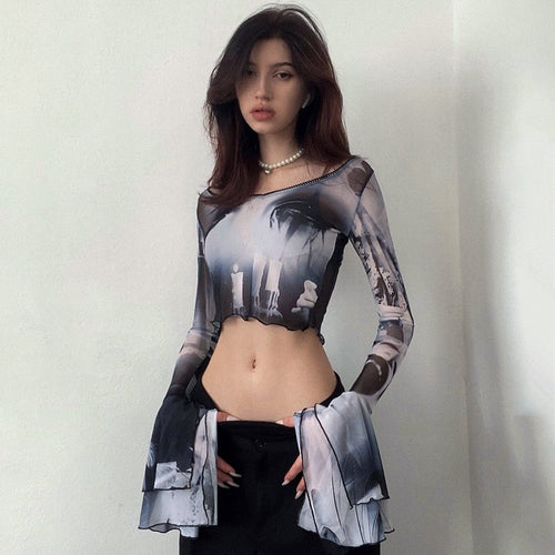Damen Langarm Crop-Top mit kreative Grafik-Printdetails und ausgestellten Ärmeln Drune