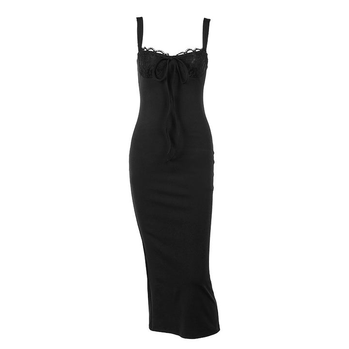 Damen figurbetontes Langarmkleid mit Spitzenverzierungen Drune