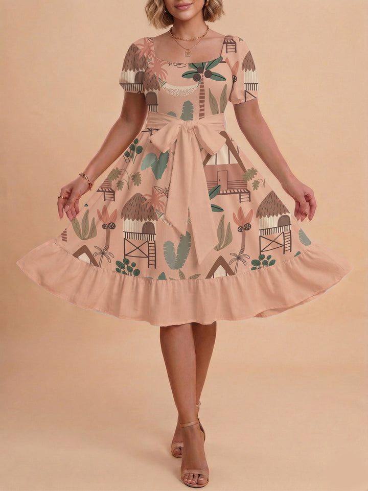 Damen Sommerliches Blumenkleid mit taillierbarem Gürtel und voluminösen Ärmeln Drune